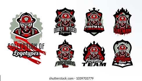 A set of colorful emblems, stickers, badges, logos of a firefighter in a gas mask. Rescue unit, protective equipment, uniform, fire, service, shield, lettering. Vector illustration, stamp on t-shirts