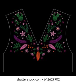 Set of colorful embroidery. Decollete floral pattern with cacti, feathers and plants. ethnic. Vector traditional traditional flowers on a black background