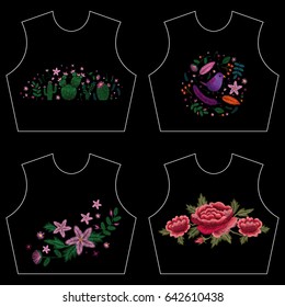 Set of colorful embroidery. Neckline flower pattern with cacti, roses, birds and plants. ethnic. Vector traditional traditional flowers on a black background