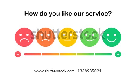 Set of the colorful emoticons with different mood from angry to happy. Smileys with five emotions: dissatisfied, sad, indifferent, glad, satisfied. Element of UI design for estimating client service.