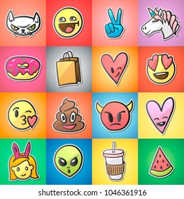 Set of colorful emoticons, emoji, stickers backgound, vector illustration