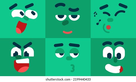 Conjunto de emoticonos coloridos, riéndose, aburridos, besando, silbando, alegres, malignos expresiones faciales de caracter, Colección de imágenes vectoriales de emoji aislado, iconos planos, para animación.