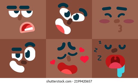 Set of colorful emoticons, love, laughing, bored, Confident, sleeping, kiss character face expressions, Collection of Isolated emoji vector illustration flat icons set, for animation.