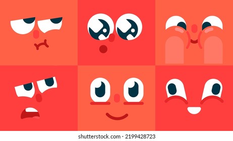 Set of colorful emoticons, smiling, bored, twinkling eyes, shy, funky, Shocked character face expressions, Collection of Isolated emoji vector illustration flat icons set, for animation.