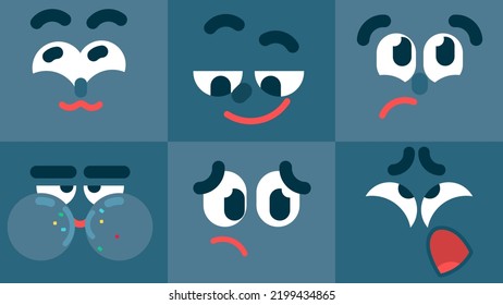 Conjunto de emoticonos coloridos, sonriente, comiendo, triste, aburrido, Confidente, tímida expresión facial de caracteres, Colección de imágenes vectoriales de emoji aisladas, conjunto de iconos planos, para animación.