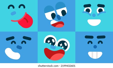 Conjunto de emoticonos coloridos, sonrientes, risas, sabrosos, ojos brillantes, expresiones de cara de carácter confiado, feliz, Colección de imágenes vectoriales de emoji aislado conjunto de iconos planos, para la animación.