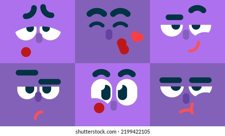 Conjunto de emoticonos coloridos, sonrientes, tristes, aburridos, confiables, preocupados, expresiones faciales de caracteres de beso, Colección de ilustraciones vectoriales de emoji aislado, conjunto de iconos planos, para la animación.