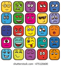 Set of colorful emoticons, sqare emoji flat. Vector Illustration.