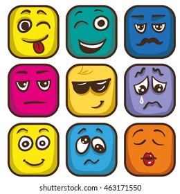 Set of colorful emoticons, square emoji flat. Vector Illustration.