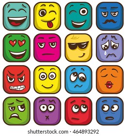 Set of colorful emoticons, square emoji flat. Vector Illustration.