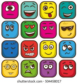 Set of colorful emoticons, square emoji flat. Vector Illustration.