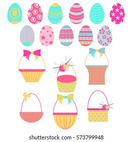 Set of colorful  empty baskets ans easter eggs. Vector illustration.