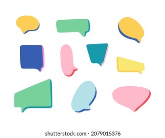 Conjunto de coloridas burbujas de habla de doodle vacías con volumen. Vector de mano libre aislado en fondo blanco.