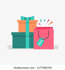 Set of Colorful Empty Shopping Bag with gift boxes. Vector Illustration