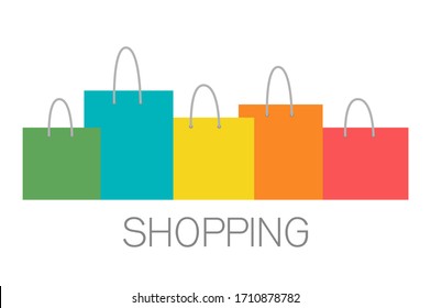 Conjunto de bolsas comerciales coloridas vacías aisladas en blanco. Bolsas de papel para comprar. Venta. Ilustración vectorial