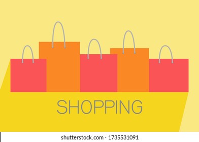 Set of Colorful Empty Shopping Bags Isolated in White. Female hand holds paper bags for shopping. Sale. Vector Illustration
