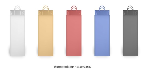 Set of colorful empty shopping bags isolated in white. Vector illustration. White, pink, red, blue and green paper bags. Birthday present, gift box for bottle