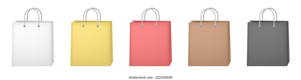 Set of colorful empty shopping bags isolated in white. Vector illustration. White, yellow, red, brown and black paper bags. Birthday present, gift box