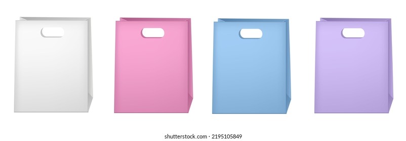 Set of colorful empty shopping bags isolated in white. Vector illustration. White, pink, blue and purple paper bags. Birthday present, gift box