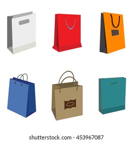 Set of Colorful Empty Shopping Bags Isolated vector set. Shopping bags fashion design store merchandise handle package. Colorful paper gift handle package shop, market shopping bags.