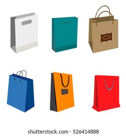 Set of Colorful Empty Shopping Bags Isolated vector set. Shopping bags fashion design store merchandise handle package. Colorful paper gift handle package shop, market shopping bags.