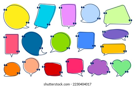 Set of colorful empty speech bubbles of different shapes with quotation marks. Icon, sticker, tag, label collection. Vector illustration.
