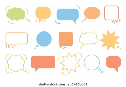 Set of colorful empty speech bubbles. For text, message box, price tags, stickers, icons. Simple colored shapes. Vector illustration isolated on white background, doodle speech balloon, hand drawn.