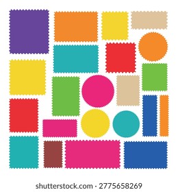 Set of colorful empty stamps with sawtooth borders, perfect for scrapbooking, design elements, or labels.