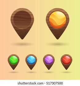 Set of colorful and empty vector wooden map pointers, markers. Cartoon elements for web or game design isolated on pastel background.