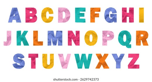 Conjunto de letras coloridas do alfabeto inglês em estilo de colagem de papel amassado. Bordas irregulares rasgadas, texturas pastel vibrantes, olhar de nota de resgate divertido, design de adesivo bonito.