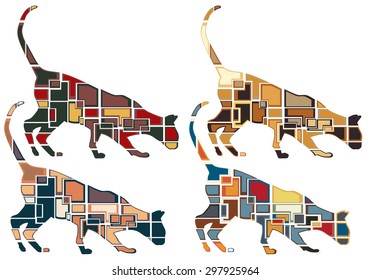 Set of colorful eps8 editable vector mosaic illustrations of an inquisitive cat