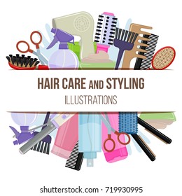 Set of colorful equipments for styling and hair care. Products and tools for home remedies of hair care. Vector