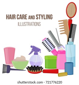 Set of colorful equipments for styling and hair care. Products and tools for home remedies of hair care. Vector