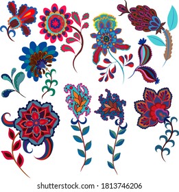 Set of colorful ethnic flowers. Fashion print.