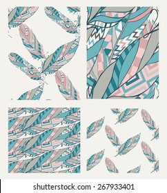 Set of Colorful Ethnic Seamless Patterns with Feathers. Vector Illustration. Hand Sketched