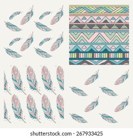 Set of Colorful Ethnic Seamless Patterns with Feathers. Vector Illustration. Hand Sketched