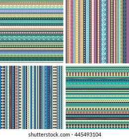 Set of colorful ethnic seamless patterns design with strips. Vector backgrounds. Ornamental backdrop