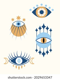 Set of colorful evil occult eyes on white background. Concept of magic, witchcraft, occult symbol template elements for decoration. Hamsa eye, karma, magical eye. Flat cartoon vector illustration