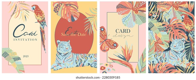 Set of colorful exotic cards, covers, invitations. Tropical leaves, flowers, butterfly, parrot, tiger. Trendy style botanical and animal design.