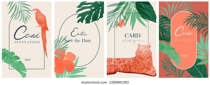 Set of colorful exotic cards, covers, invitations. Tropical leaves, flowers, butterfly, parrot, tiger. Trendy style botanical and animal design.