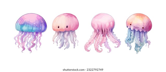 Set of colorful exotic jellyfish watercolor isolated on white background. Vector illustration