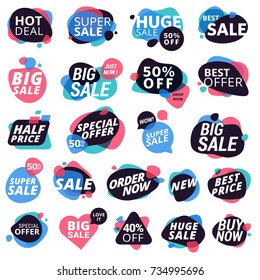 Set of colorful eye-catching stickers and badges, product promotion, special offer, shopping. Isolated vector illustrations for web design and marketing material.