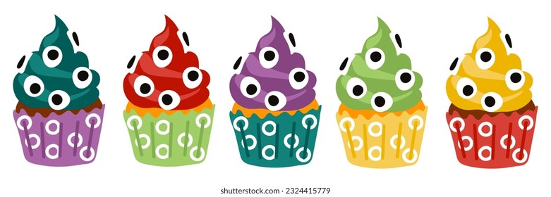 A set of colorful eyed cupcakes for Halloween on a white background. Happy Halloween, scary sweets. Cartoon collection of colored cream monsters with eyes. Vector illustration