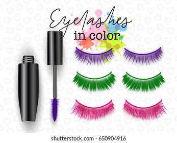 Set of colorful eyelashes, realistic black mascara tube, purple brush, vector illustration. Woman's cosmetics concept on pattern with hearts.