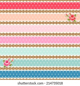 Set of colorful fabric polka dot ribbons and shabby chic roses for your decoration