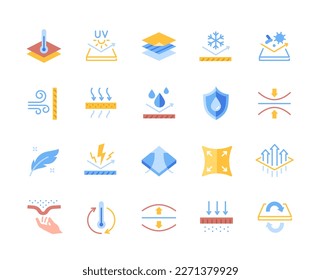 Set of Colorful Fabric Properties Icons. Bright stickers with warm material, waterproof, non electrifying, stretchy and breathable textile. Cartoon flat vector collection isolated on white background