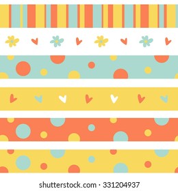 Set of colorful fabric ribbons with polka dot, strip, hearts and flowers. Baby ribbon.