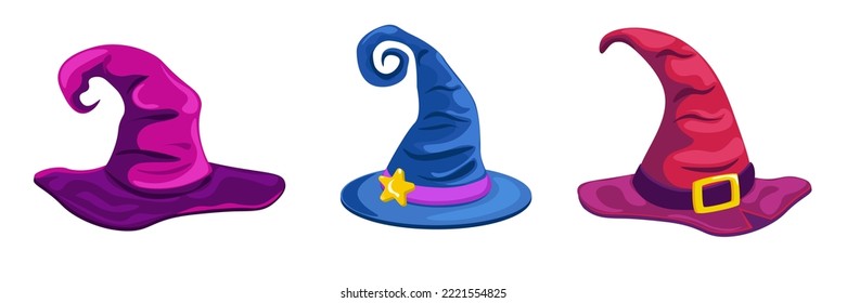 Set of colorful fabulous hats in cartoon style. Vector illustration of witch hats for halloween on white background.