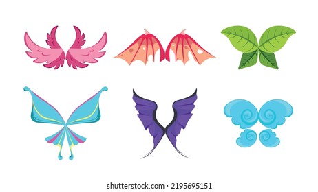 Set of colorful fairy wings in cartoon style. Vector illustration of fantastic fairy wings, angels and demons on white background.
