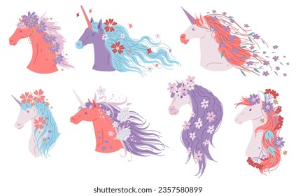 Set of colorful fantastic horses and unicorns flat style, vector illustration isolated on white background. Cute flowers in mane, mystic animals with horns, decorative design elements collection